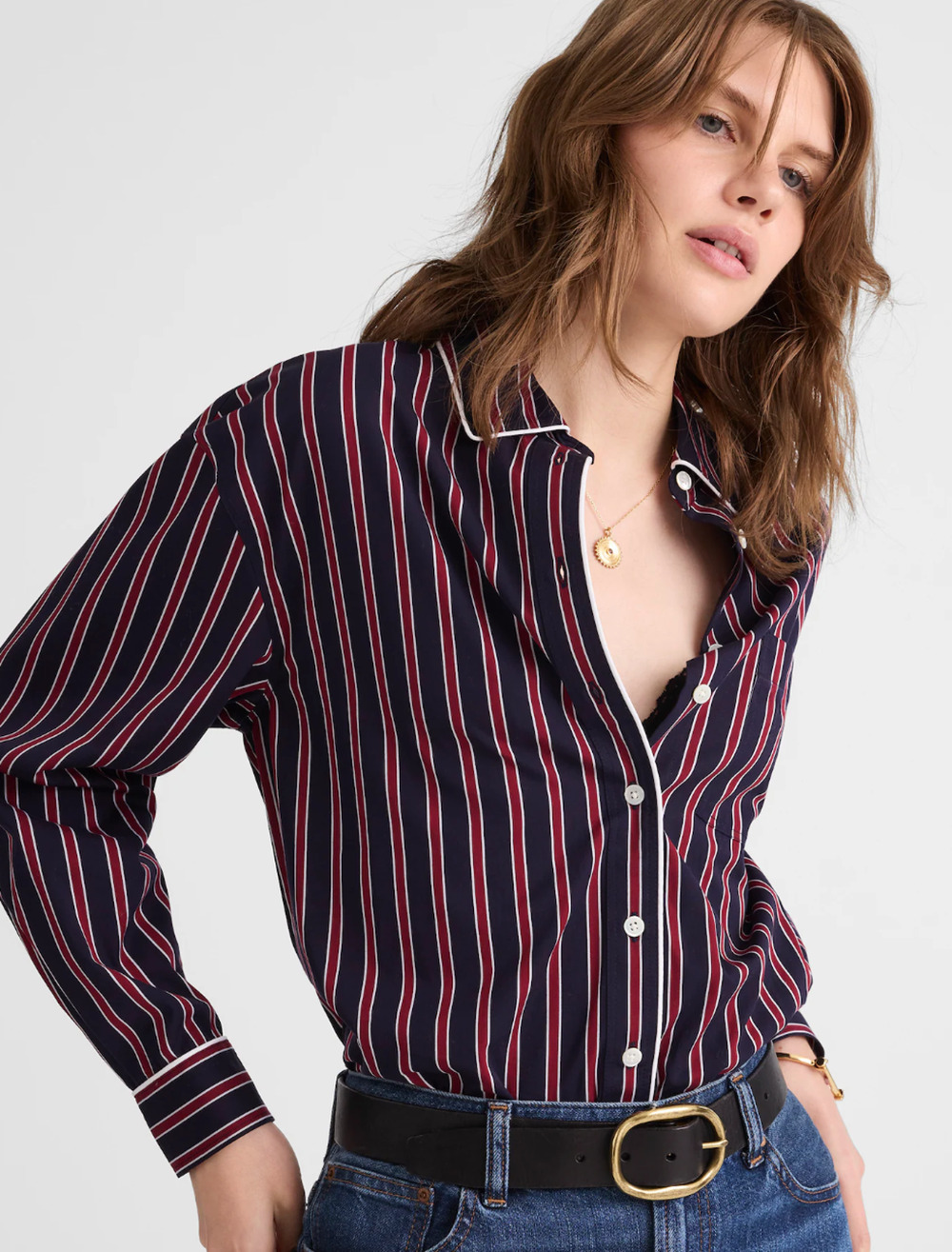 Madewell | NWT Striped Button Up Shirt Red Navy Poplin Relaxed | Sz M